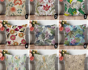 Retro Flower Print Pillow Case, Pastel Neutral Botanical Cushion Cover, Custom Boho Home Decor