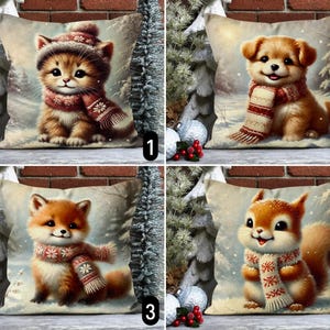 Bonita funda de almohada con forma de animales de invierno, diseño de gatito, cachorro, zorro, ardilla y bufanda, acogedora funda de cojín para Navidad, decoración de granja