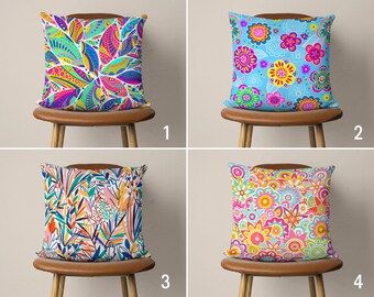 Abstract Vivid Floral Pillow Case, Blue Pink Flower Pattern Cushion Cover, Vibrant Summer Pillow Cover, Any Size Pillow, Eclectic Home Decor