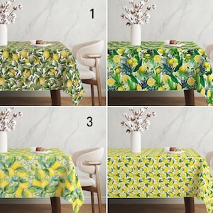 Lemon Tablecloth, Yellow & Green Color Summer Tablecloth, Mediterranean Style Fresh Lemon Table Cover, Dining Room Decor, Any Custom Size
