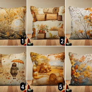 May include: Set of six decorative throw pillows featuring autumnal themes. The pillows feature various designs including hay bales, autumn leaves, and a girl walking in the woods.