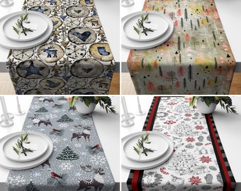 Tafelloper winterthema, rendier- en pijnboomloper, tafelkleed vakantie, keukentextiel, kerstdecors, gepersonaliseerde tafelloper