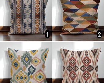 Boho Aztec Throw Pillow Cover, Ethnic Ikat Print Cushion Case, Tribal Geometric Southwestern Decor