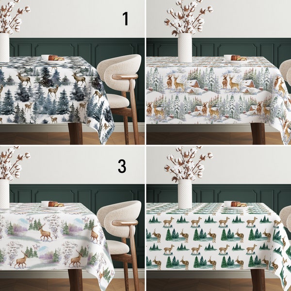 Deers in Pine Trees Tablecloth, Reindeer in Snowy Pine Forest Tablecloth, Winter Holiday Table Decor, Dining Room Decor,Christmas Decor Gift