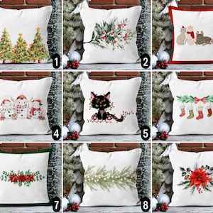 Federa per cuscino natalizia floreale Boho, federa per cuscino con bacche di agrifoglio e pino, federa per cuscino con fiori di poinsettia e pupazzo di neve e gatti