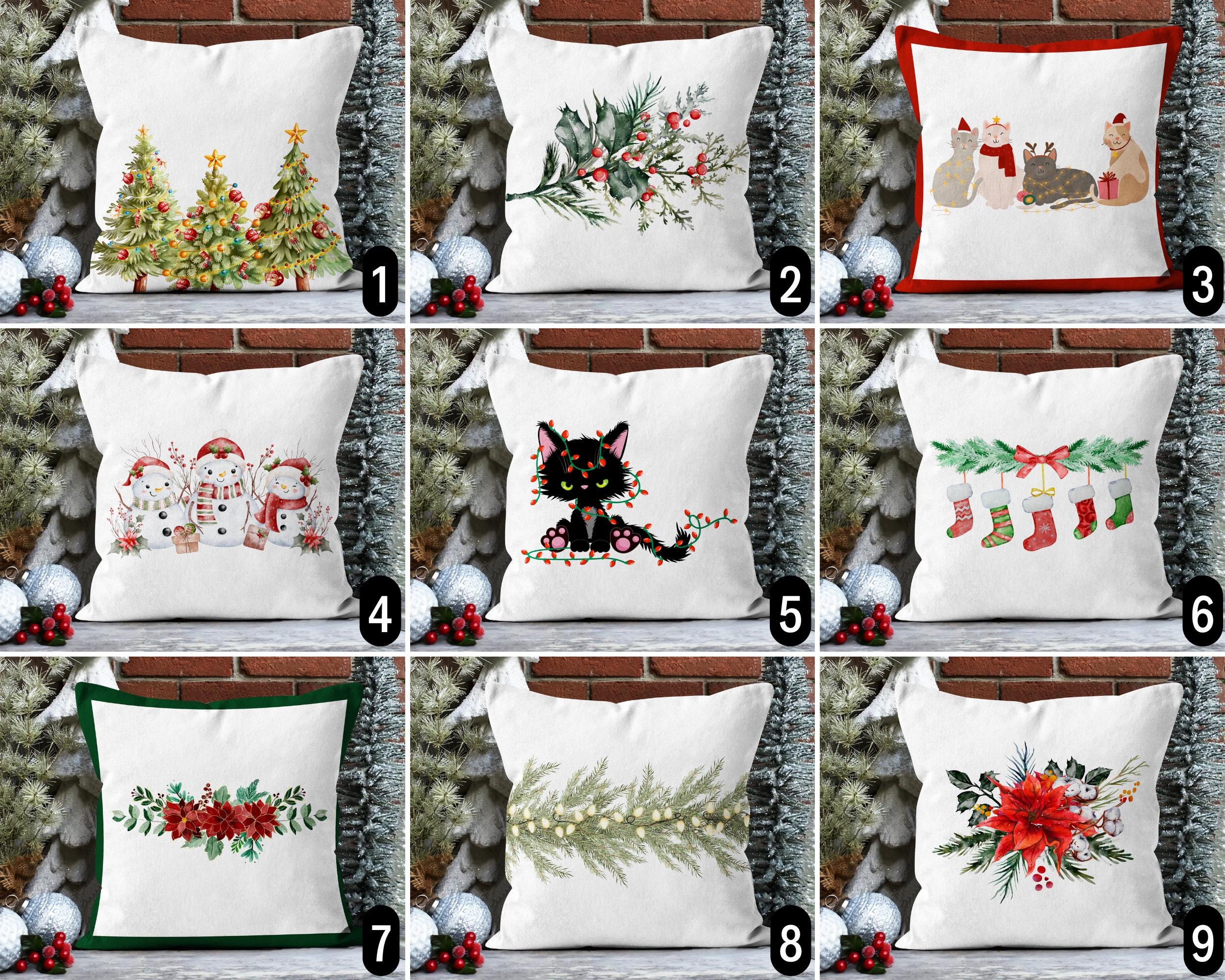 Floral Boho Christmas Pillow Cover, Joyful Holiday Holly Berry & Pine Tree Pillow Cover, Snowman Cats Stocking Poinsettia Flower Pillow Case