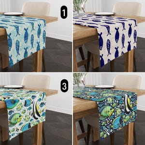 Fish Pattern Table Runner, Blue Coastal Underwater Marine Life Dining Room Table Runner, Nautical Summer Runner, Any Size, Beach House Decor