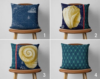 Seashell Nautical Pillow Case, Ocean House Pillow Case, Navy Blue Marine Cushion Cover, Cover Only, Coastal House Decor, Size Option Pillow