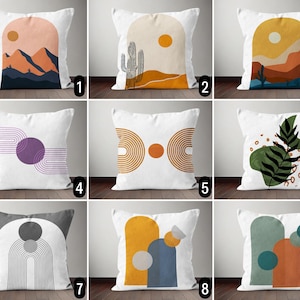 Mid Century Modern Throw Pillow Cover, Boho Abstract Mountain Sunset Landscape Pillow Case, Modern Minimalist Retro Cushion Cover, Any Size