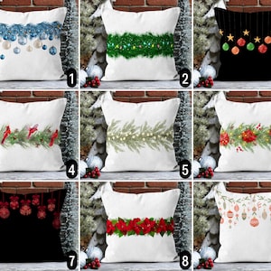 Copricuscino con palline e ghirlande natalizie, federa per cuscino con ornamenti natalizi boho, stelle di Natale e rami di pino, decorazioni rustiche per il nuovo anno