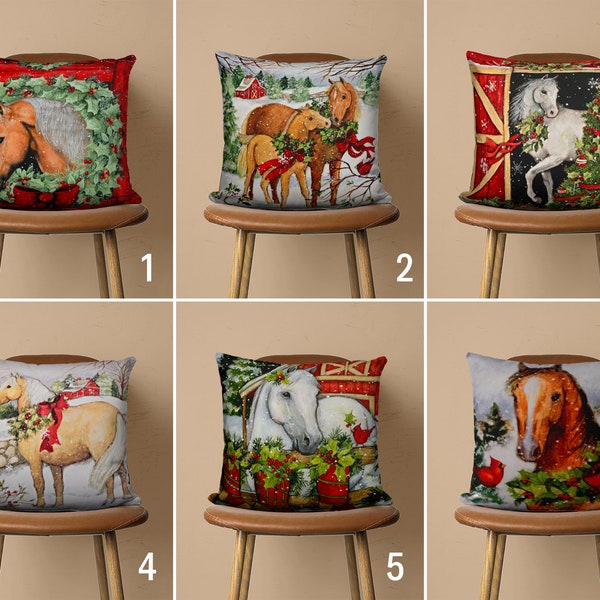 Christmas & Horse Pillow Cover, Animal Cushion Cover, Red Pillow Case, Any Size Pillow, Living Room Decor, Cover Only, Any Size Pillow Cover