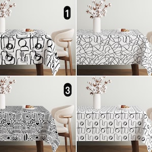 May include: Four different black and white tablecloths with geometric patterns. The tablecloths are shown on a table with a chair on each side. The tablecloths are numbered 1 through 4.