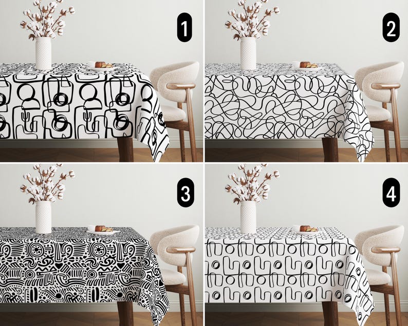 Tablecloth Drawring One Line Drawing Tablecloth, Black & White Modern Abstract Tablecloth ...