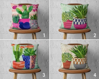 Colorful Cactus in Pot Pillow Cover, Floral Pink & Green Pillow Case, Boho Plant Cushion Cover, Bedding Decor, Any Size Pillow, 16x16 18x18