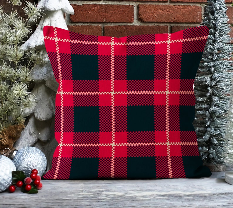 Red Green Plaid & Tartan Pillow Cover, Christmas Holiday Throw Pillow Case, Scottish Style Pattern Winter Pillow Case, Boho New Year Decor 6
