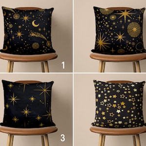Stars and Moon Pillow Cover, Sky at Night Pillow Case, Black & Yellow Lunar and Solar Cushion Cover, Bohemian Decor, Any Size Pillows