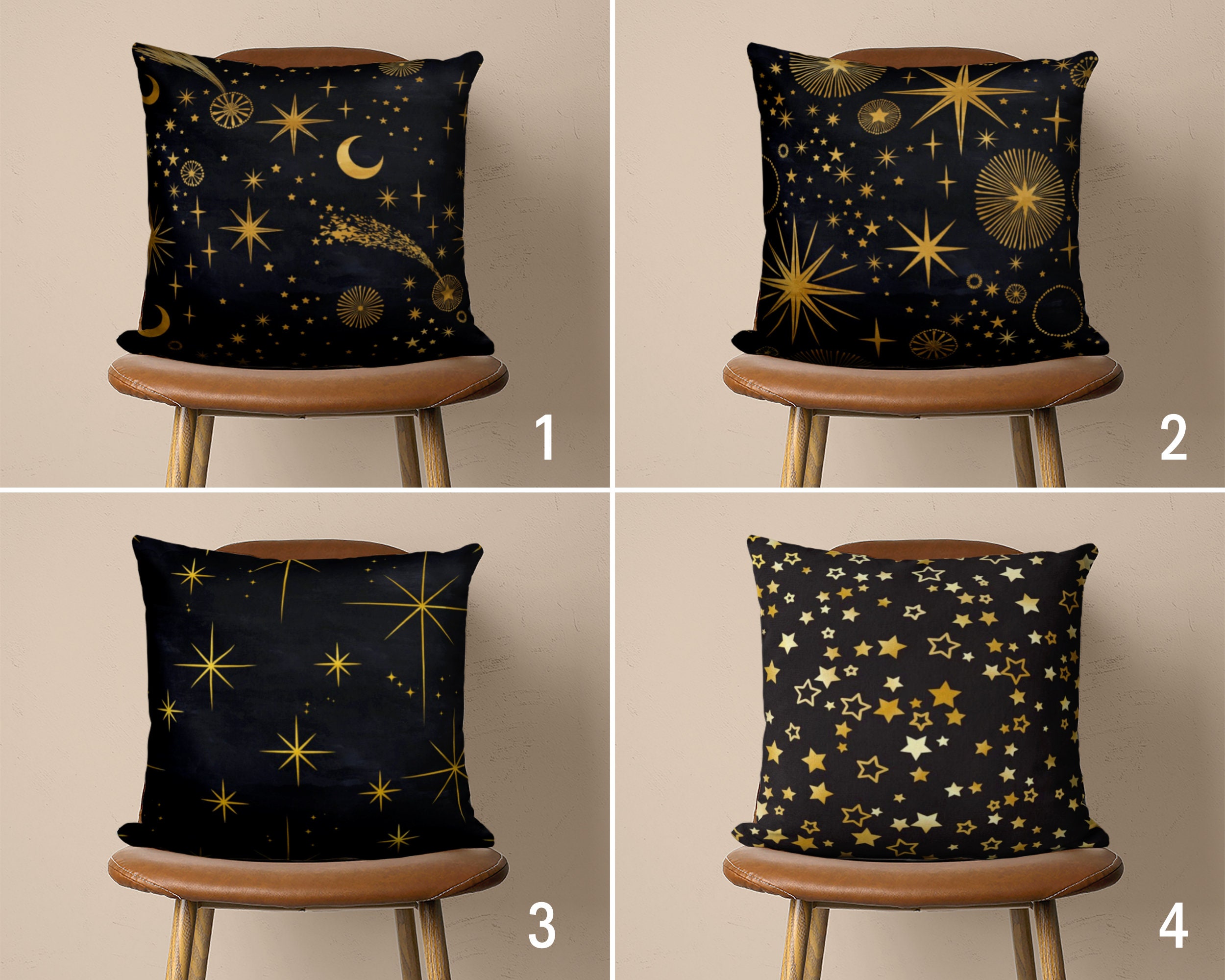 Stars and Moon Pillow Cover, Sky at Night Pillow Case, Black & Yellow Lunar and Solar Cushion Cover, Bohemian Decor, Any Size Pillows
