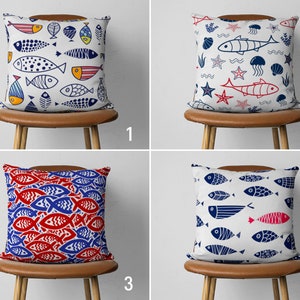 Navy Blue & Red Fish Pillow Cover, Marine Cushion Cover, Coastal Pillow Cover, Beach House Decor, Cover Only, Custom Pillow Cover