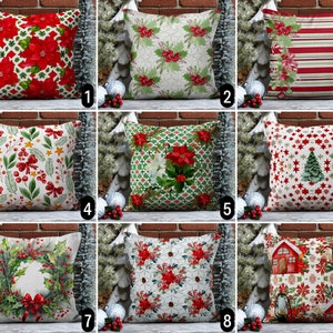 Floral Red Green Winter Pillow Cover, Poinsettia & Holly Flower Pillow Cover, Christmas Pine Berry Pillow Case, Farmhouse Decor, 16x16 18x18