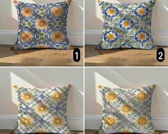 Mediterranean Tile Pattern Pillow Cover, Blue Yellow Spanish Cushion Case, Summer Decor