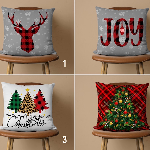 Plaid Design Christmas Pillow Cover, Cozy Winter Cushion Cover, Pine Tree & Deer Pillow Case, Tartan Pattern Decor, 18x18, 20x20, Cover Only
