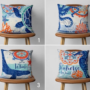 Nautical Whale Pillow Cases, Octopus Coastal Cushion Covers, Blue Orange Throw Pillow Cover, Ocean House Decor, Seahorse Pillow, Cover Only