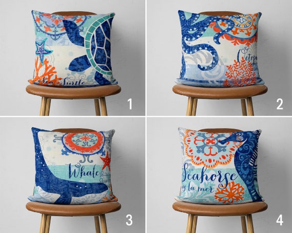 Nautical Whale Pillow Cases, Octopus Coastal Cushion Covers, Blue