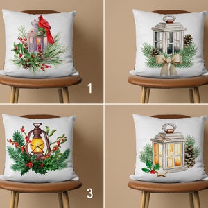 Winter Lantern Pillow Cover, Christmas Cushion Cover, Holly & Pine Cone Pillow Case, Christmas Candle Decor, New Year Decor, Any Size Pillow