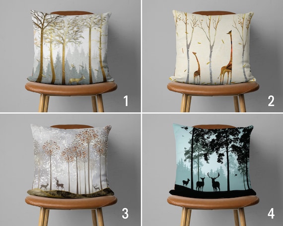 Deers & Giraffes Autumn Pillow Cover, Animal in Forest Pillow Case, Fall Cushion Cover, Farmhouse Living Room Decor, Any Size Pillow Cover