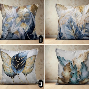Blue Feathers & Leaves Pillow Cover, Abstract Botanical Pillow Case, Bohemian Modern Floral Decorative Cushion Cover, Elegant Decor, 16x16