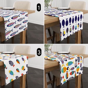 Modern Fish Pattern Table Runner, Colorful Marine Life Table Runner, Coastal & Nautical Runner, Scandinavian Beach House Dining Room Decor