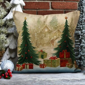 Vintage Style Winter Throw Pillow Case, Pine Tree Forest Christmas ...
