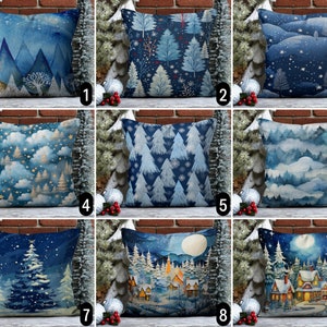 Federa per cuscino con pittura di paesaggio invernale blu, federa per cuscino con albero di pino nella notte di Natale, fodera per cuscino per vacanze, accogliente decorazione per la casa, di qualsiasi dimensione