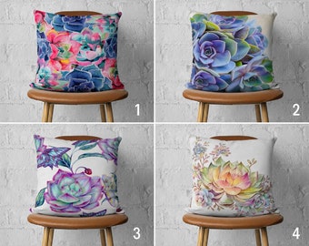 Succulent Plant Pillow Cover, Floral Purple Pillow Case, Cactus Cushion Cover, Tropical Decor, Euro Pillow Sham, Handmade Pillow, Cover Only