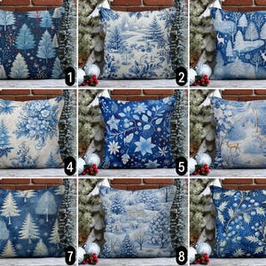 Federa per cuscino invernale blu, federa per cuscino con alberi di pino, renne e fiori, federa per cuscino con paesaggio innevato per le vacanze, accogliente decorazione natalizia