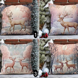 Deer in Pink Winter Forest Pillow Cover, Snowy Holiday Woodland Pillow Cover, Christmas Reindeer Pillow Case, New Year Decor, 16x16, 18x18
