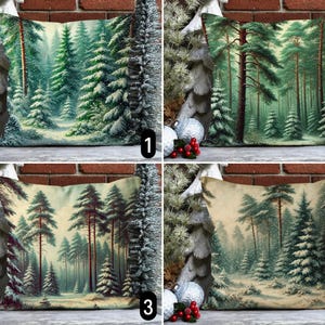 Federa per cuscino con motivo foresta di pini invernali, federa per cuscino con alberi sempreverdi, federa per cuscino con motivo arte digitale vintage rustico, accogliente decorazione natalizia