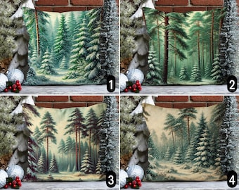 May include: Four different pillow designs featuring a snowy forest scene. Each pillow has a different color scheme and design, with variations in the trees, snow, and overall composition.