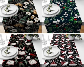 Black Christmas Table Runner, Santa Hat Kitchen Runner, Winter Holiday Table Linens, Kitchen Decoration, Pine Tree & Jingle Bells Decors