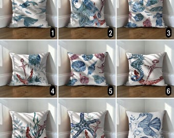 Blue Watercolor Marine Life Pillow Case, Anchor Seahorse Cushion Cover, Rustic Coastal Decor