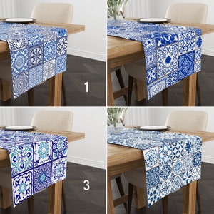May include: Four different table runners with a blue and white tile pattern. The runners are shown on wooden tables with place settings. The numbers 1 through 4 are displayed in the bottom right corner of each image.