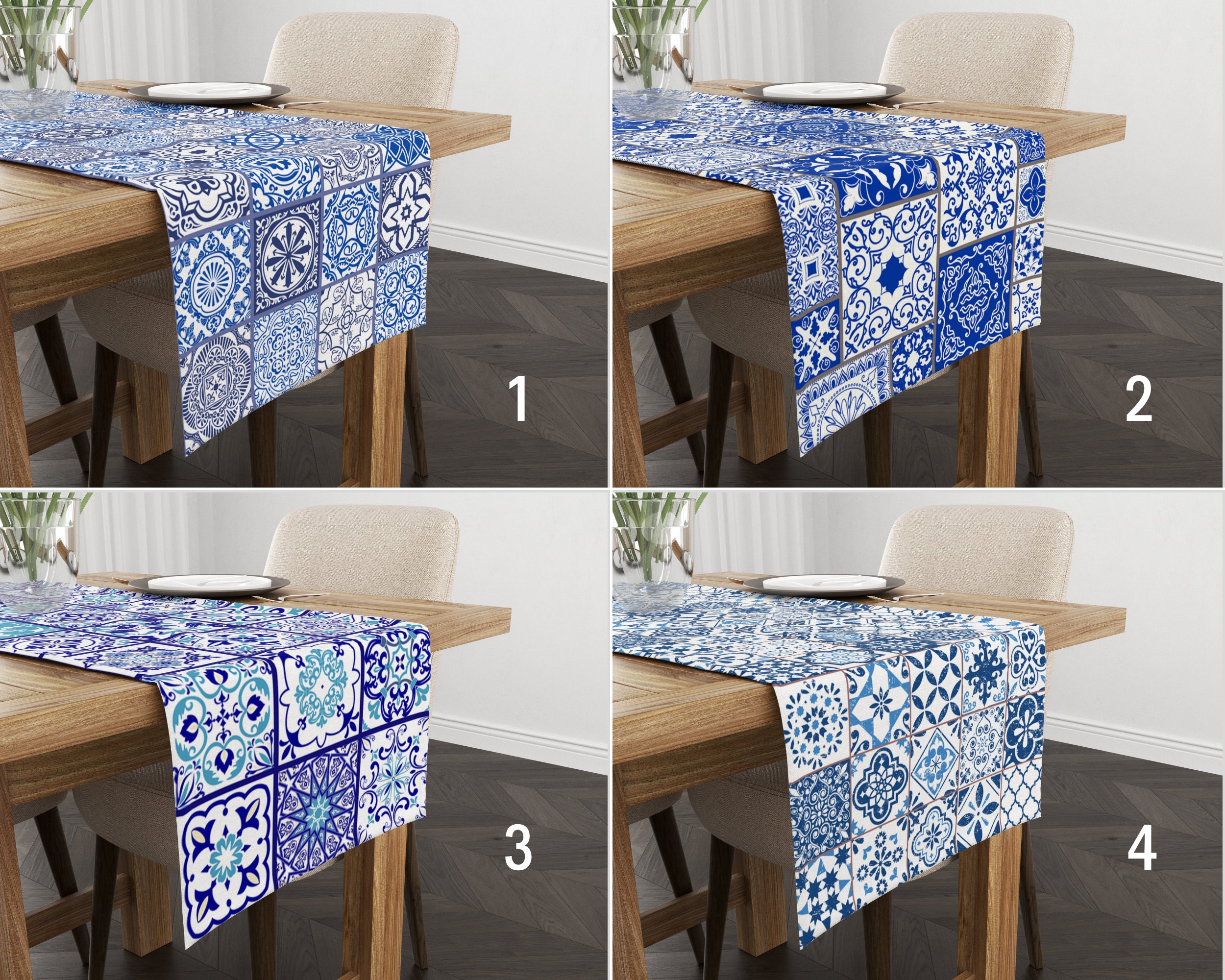 Blue Spanish Mosaic Table Runner, Traditional Tile Pattern Runner