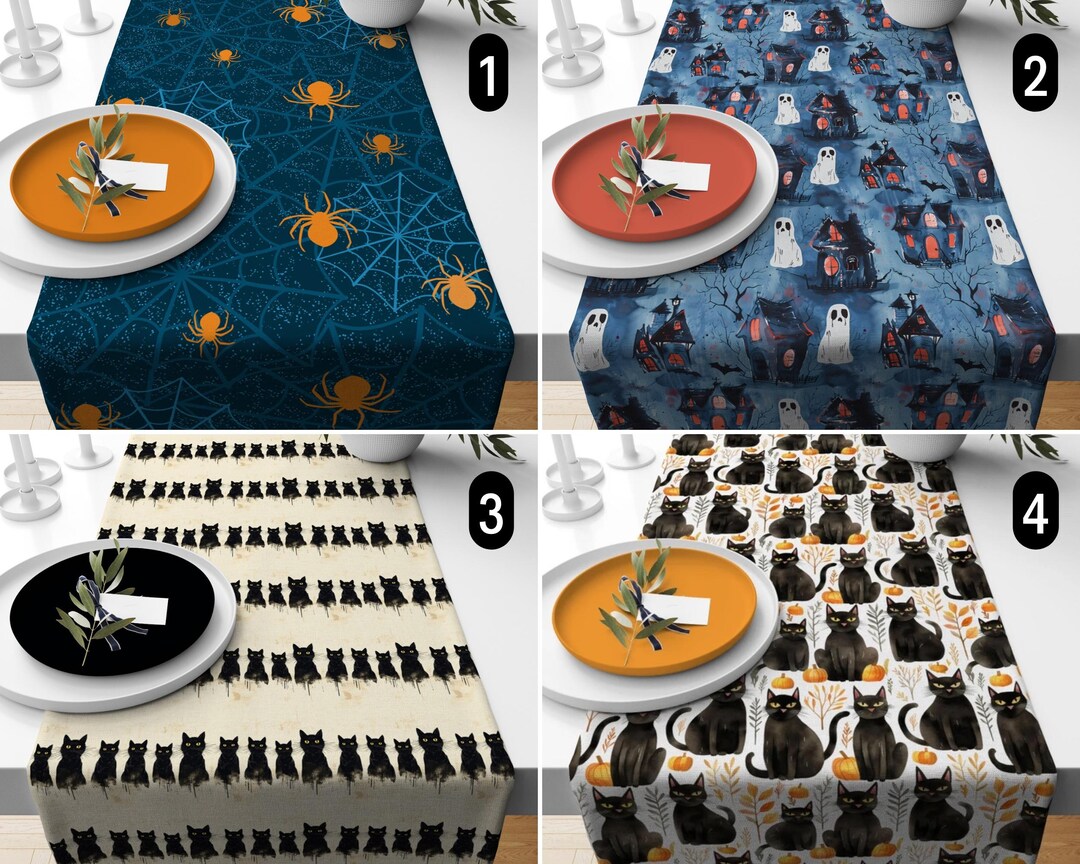 Blue Black Halloween Table Runner, Black Cats Spiders and Ghosts Runner ...