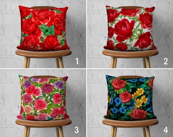 Red Roses Pillow Cover, Floral Throw Pillow Case, Rose Flowers Cushion Cover, Living Room Decor, Farmhouse Decor, Any Size Pillow, 18x18