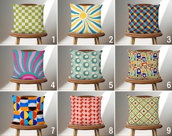 Retro Throw Pillow Cover, Mid Century Modern Colorful Pillow Cover, Geometric Abstract Cushion Cover, Living Room Decor, Digital Print,20x20