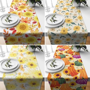 Cute Sunflowers Runner, Floral Summer Table Runner, Yellow Tablecloth, Pumpkins & Fall Leaves Tablecloth, Farmhouse Textile, Table Decor
