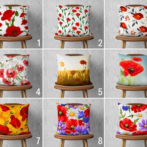 Red Poppy Pillow Cover, Floral Cushion Cover, Poppies Throw Pillow Case, Any Size Pillow, Country House Decor, Cover Only