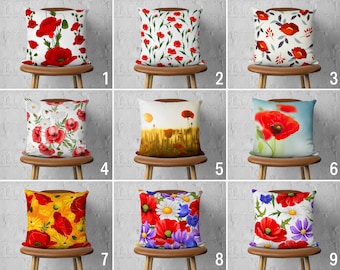 Red Poppy Pillow Cover, Floral Cushion Cover, Poppies Throw Pillow Case, Any Size Pillow, Country House Decor, Cover Only