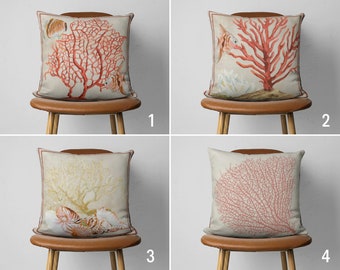 Coral Coastal Pillow Cover, Marine Beige Pillow Case, Nautical Coral Color Cushion Cover, Any Size Pillow, Ocean House Decor, Sea Life Decor