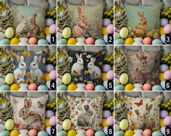Cute Easter Bunnies Throw Pillow Cover, Vintage Easter Cushion Cover, Spring Holiday Pillow Case, Festive Rustic Pillow Case,Farmhouse Decor